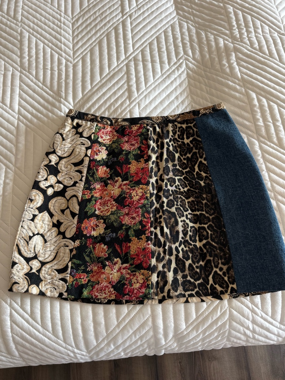 Alice + Olivia Mixed-Panel Mini Skirt in Black, Floral, Leopard & Denim